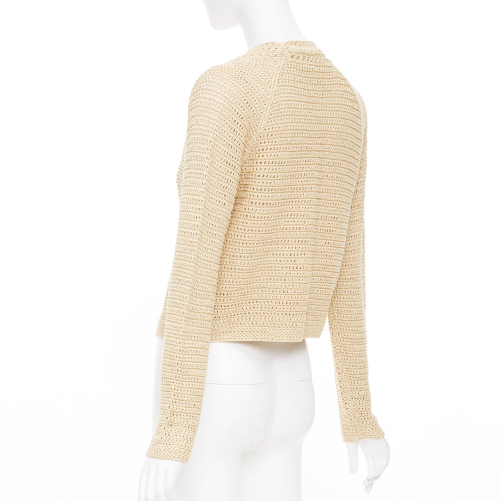 VINCE beige cream nude open work cotton mesh crochet knit button cardigan S
