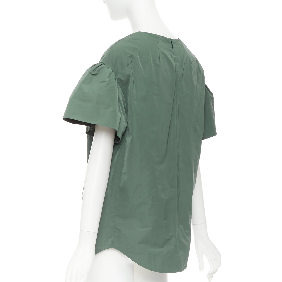 DRIES VAN NOTEN 2017 Runway green taffeta darted neck flutter sleeve top FR36 S
