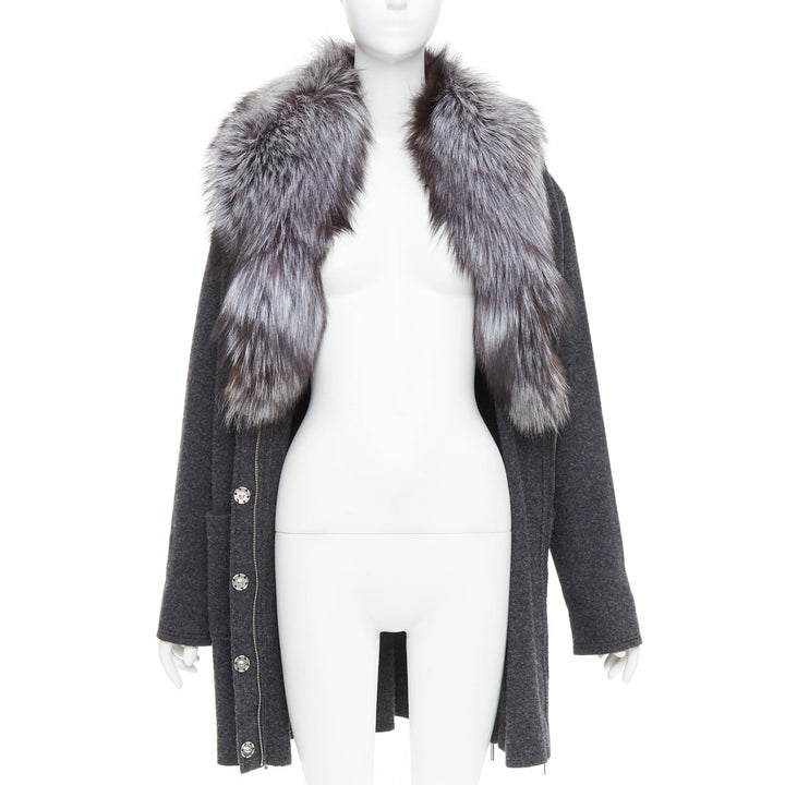 MICHAEL KORS COLLECTION grey fur collar dark grey wool side zip coat