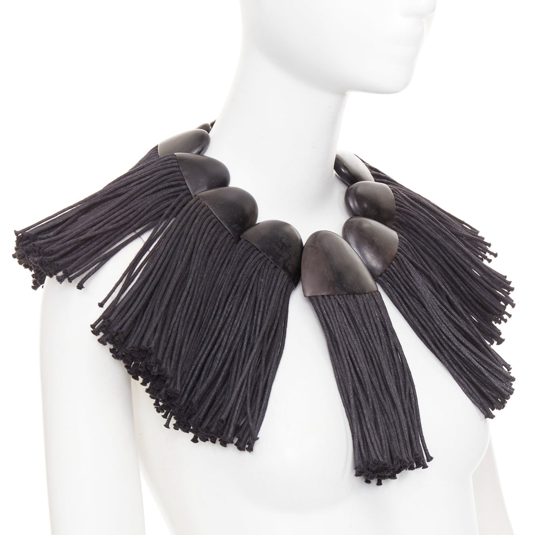 MONIES hand carved ebony wood panel fabric fringe radial statement bib necklace