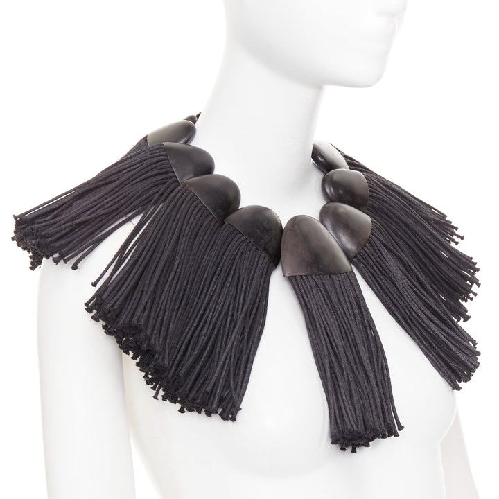 MONIES hand carved ebony wood panel fabric fringe radial statement bib necklace