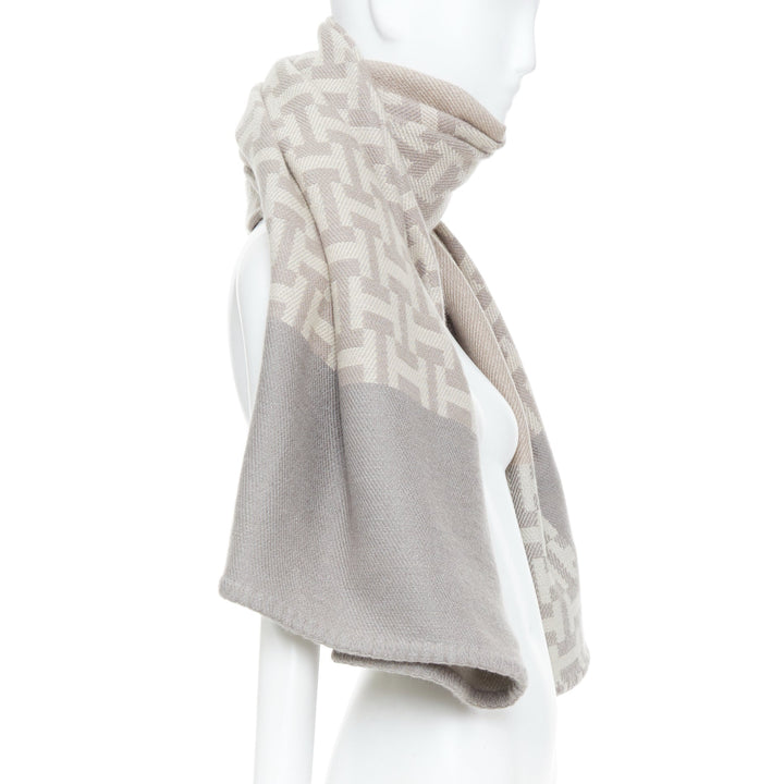 HERMES Avalon Nepal grey intarsia monogram logo knit wool cashmere blanket scarf