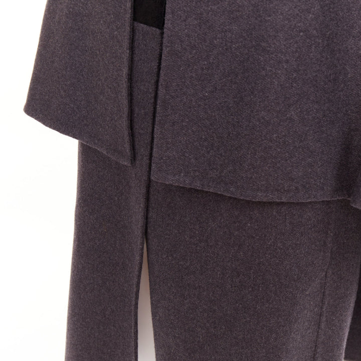 VALENTINO dark grey wool angora brown leather cape sleeve layered coat IT38 XS