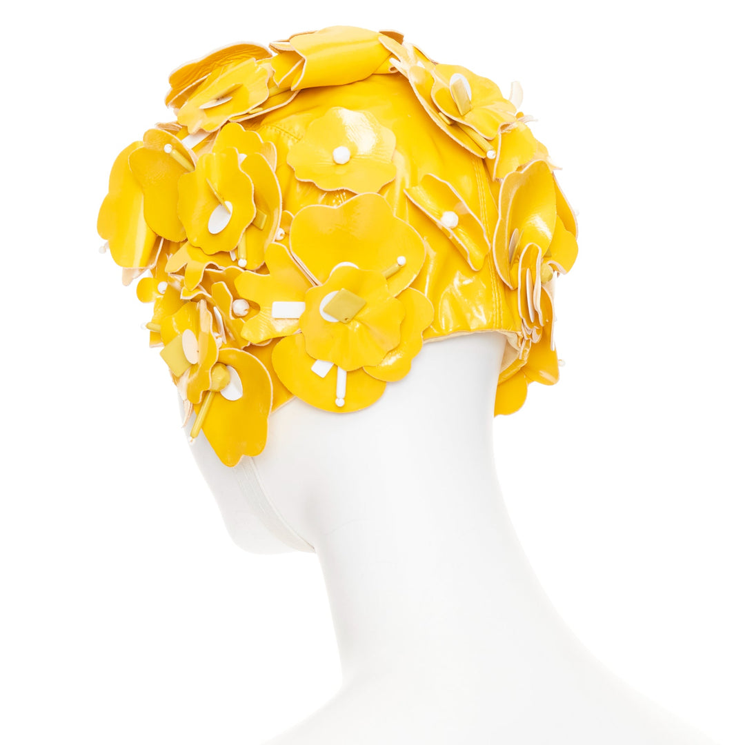 MIU MIU 2017 Runway yellow patent leather petals beaded retro swim cap hat S