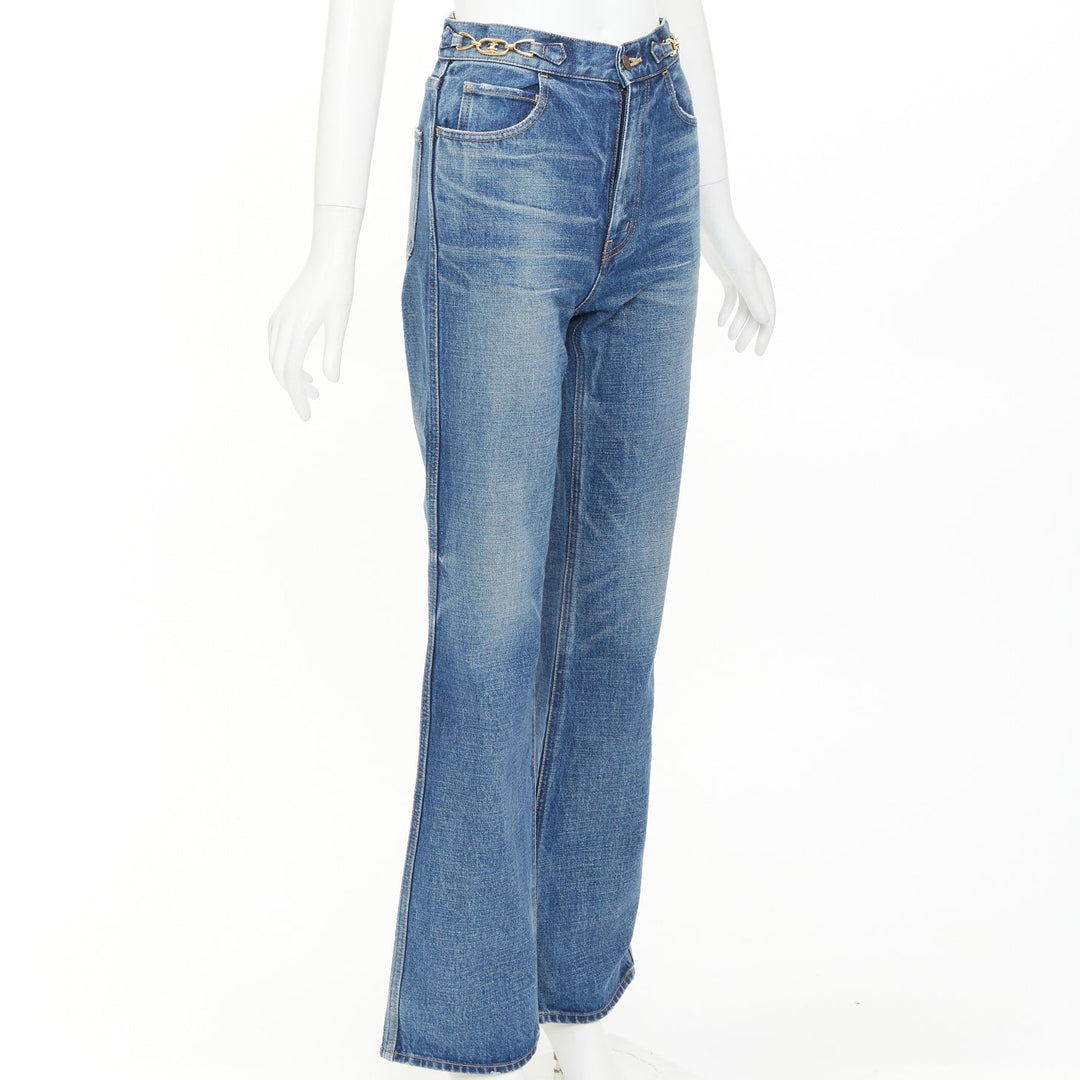 CELINE W_FL_003 N286 930F 07UW denim gold horsebit logo buckles flare jeans 26"