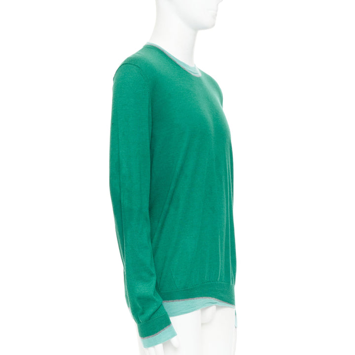 HERMES cashmere silk blend green blue border trompe loeil crewneck sweater