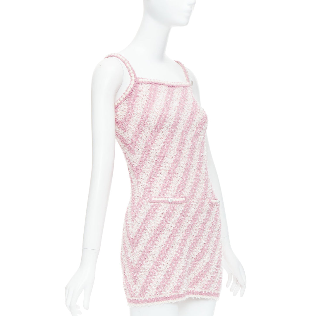 CHANEL 23S pink white cotton blend striped tweed CC mini dress FR34 XS