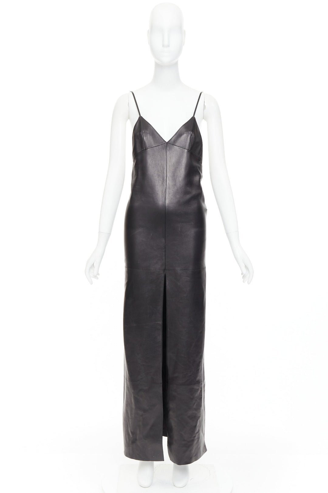 SAINT LAURENT 2024 black lambskin plunge low cut back slit slip gown FR34 XS