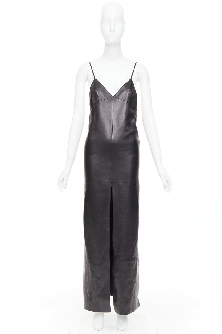 SAINT LAURENT 2024 black lambskin plunge low cut back slit slip gown FR34 XS
