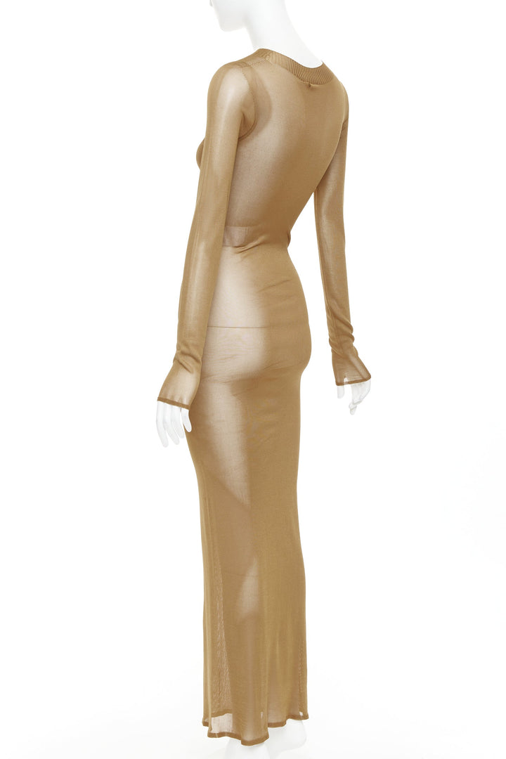 SAINT LAURENT 2023 Runway gold brown high neck sheer long sleeve maxi dress S