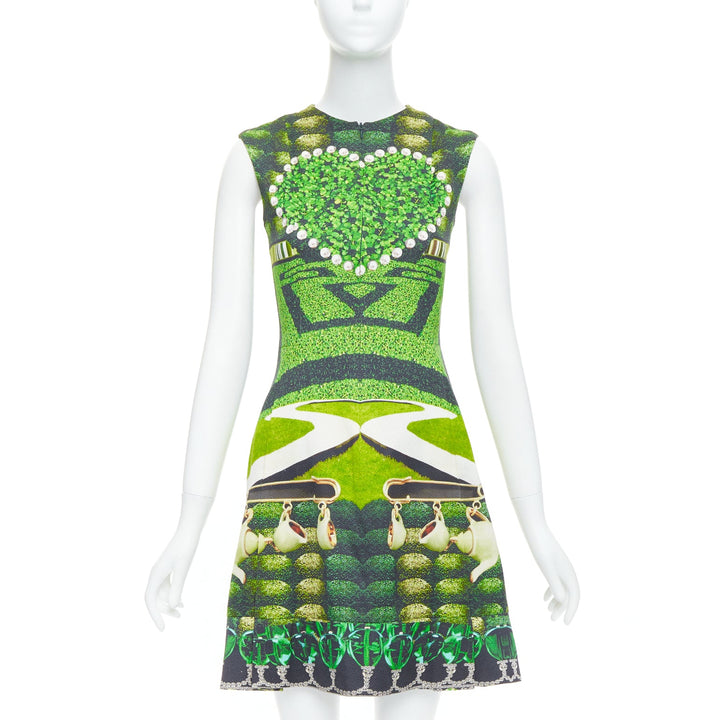 MARY KATRANTZOU 2012 Runway green heart garden party print shift dress UK10 M