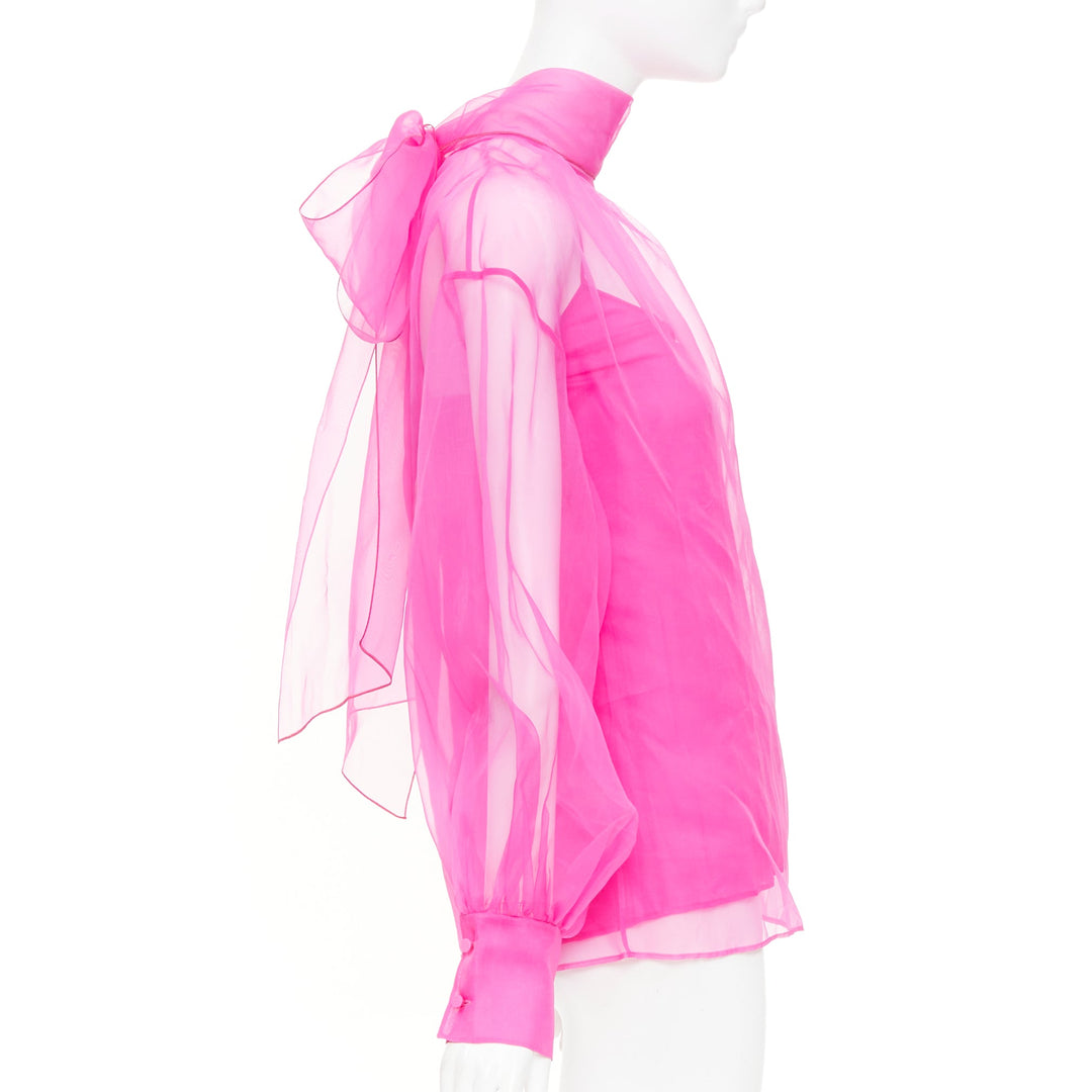 VALENTINO 2022 Runway Pink PP high neck sheer silk organza blouse shirt IT36 XXS