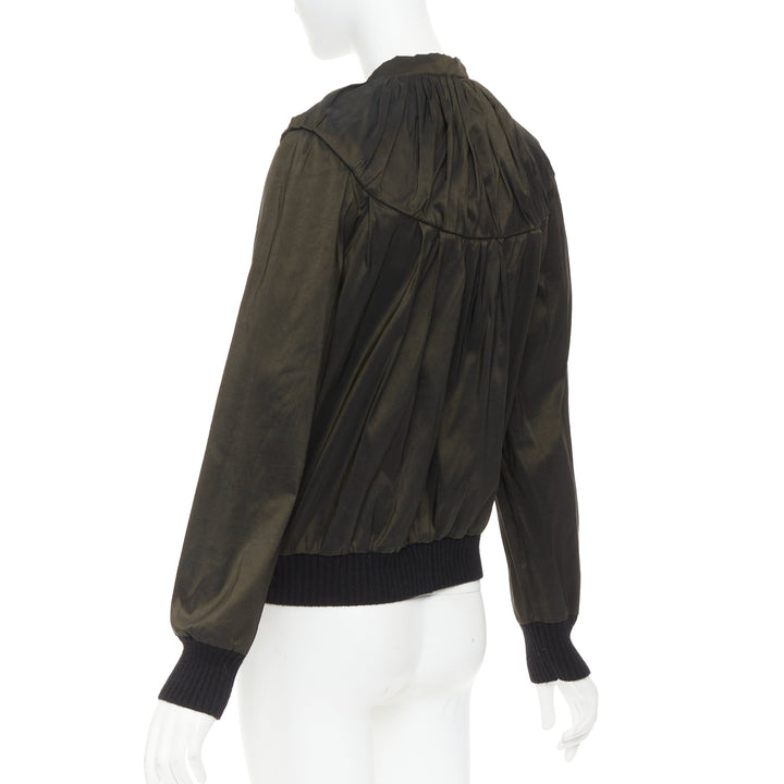 LANVIN 2006 olive green silk blend ruched rib contrast blouse overshirt FR36 S