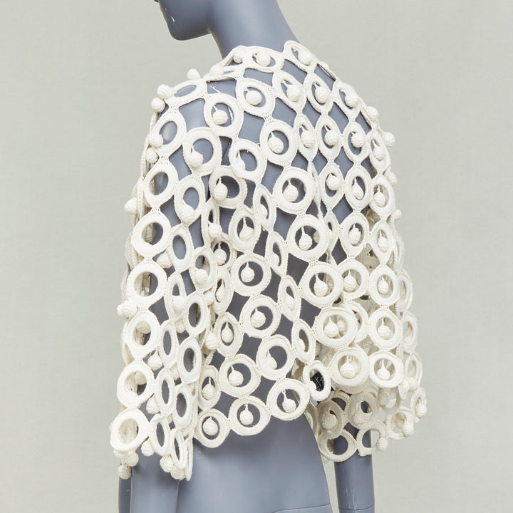 rare MOSCHINO 1980's Vintage cream macrome crochet drop ball crop jacket IT40 S