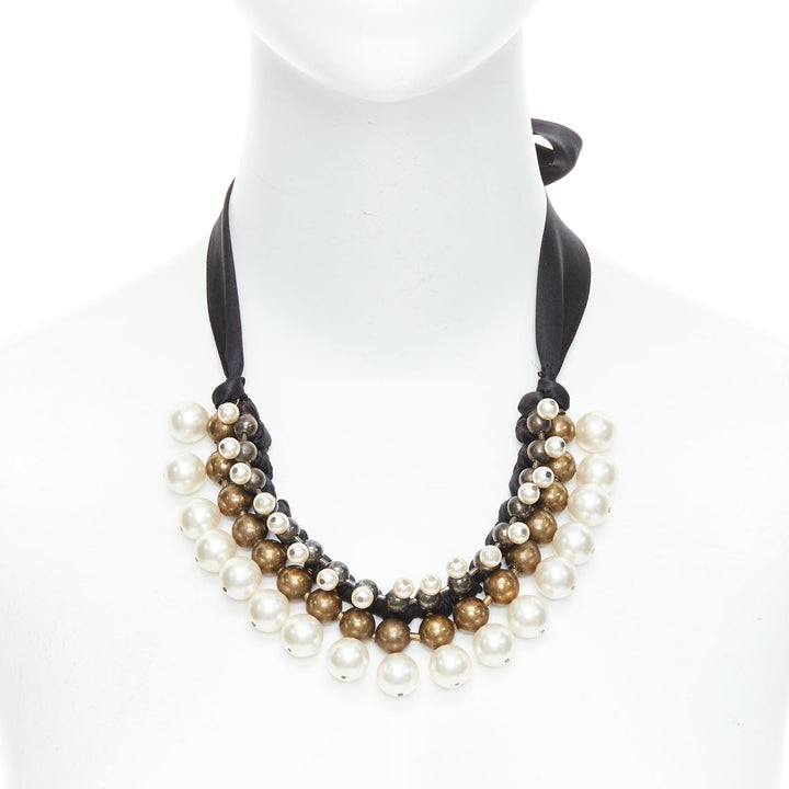 LANVIN Collier multi pearl beads black ribbon statement necklace