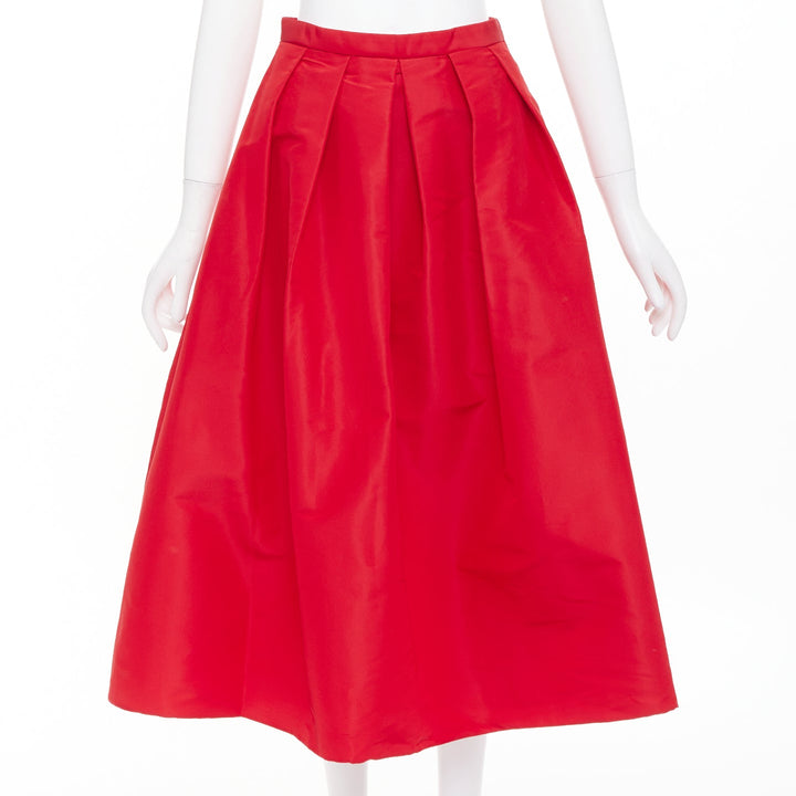TIBI red 100% silk taffeta pleated high waist A-line flared midi skirt US 2 S