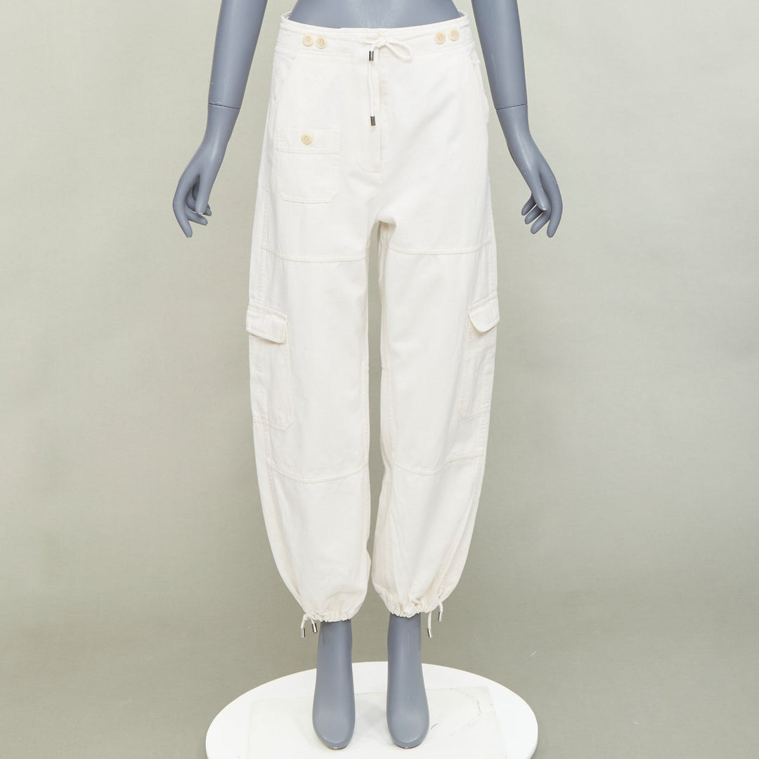 TOTEME Cotton Cargo Trouser ivory drawstring pocket drawstring hem pants FR34 XS