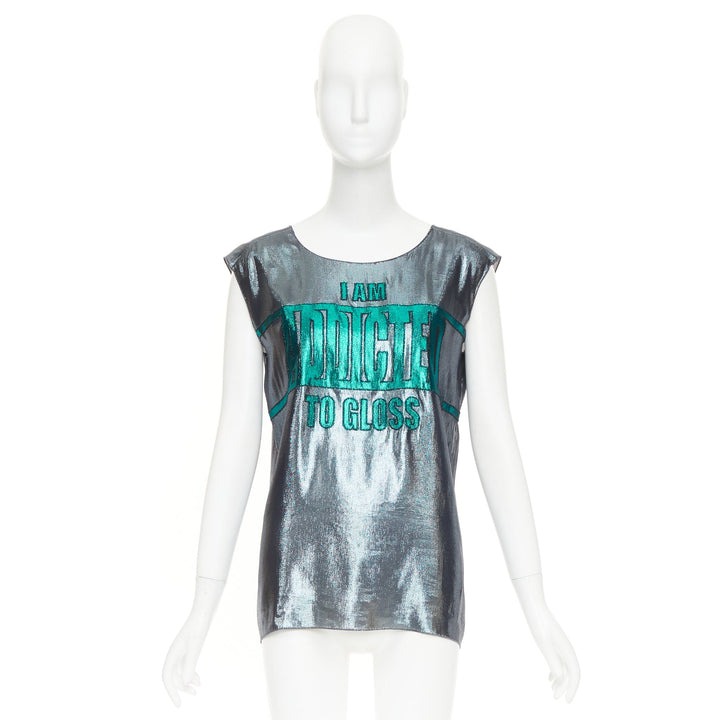 LANVIN 2014 Runway I Am Addicted To Gloss metallic green silver silk lame vest S