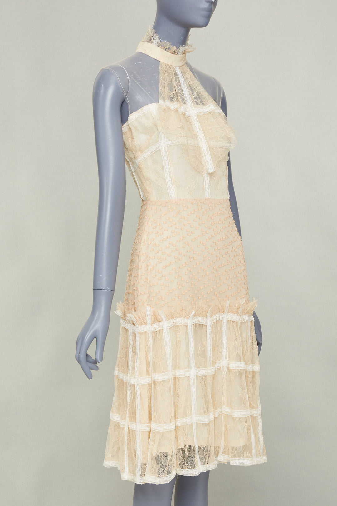 rare RODARTE 2017 halter ruffled panel lace cream beige midi dress US2 XS