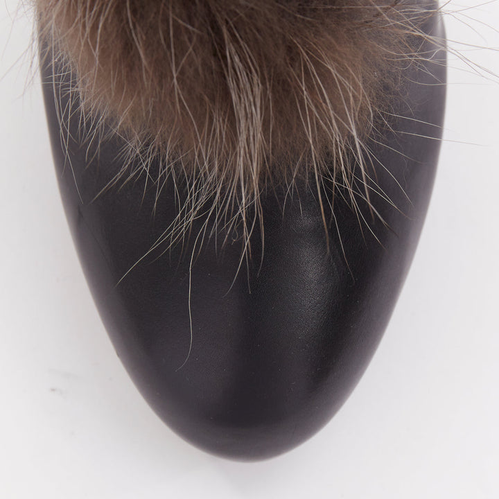 HERME 2010 Runway  black leather brown fur lined buckled block heeled boots EU39