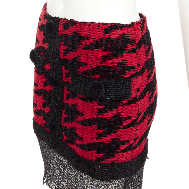 BALMAIN red black viscose blend tweed sequin trim velvet buttons skirt FR34 XS