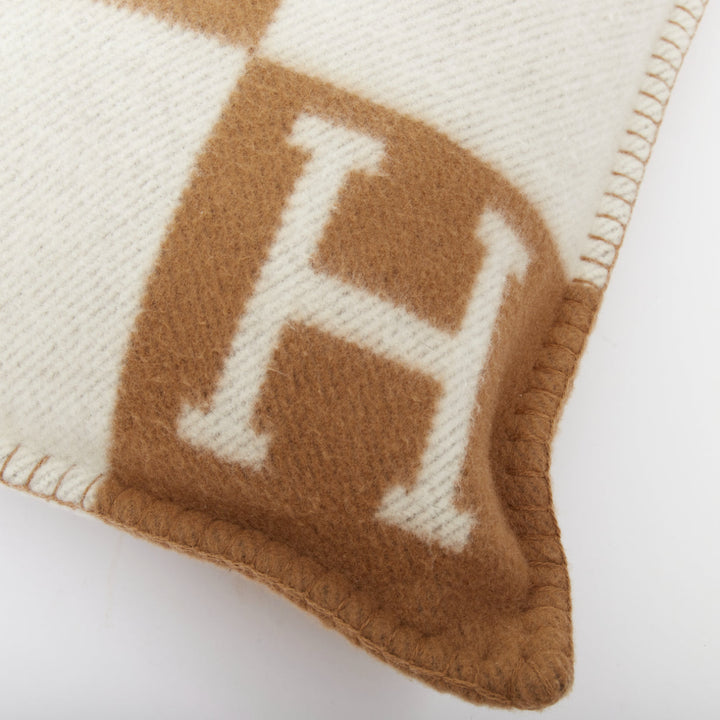 HERMES Avalon Small Model ecru camel merino wool cashmere jacquard pillow PM