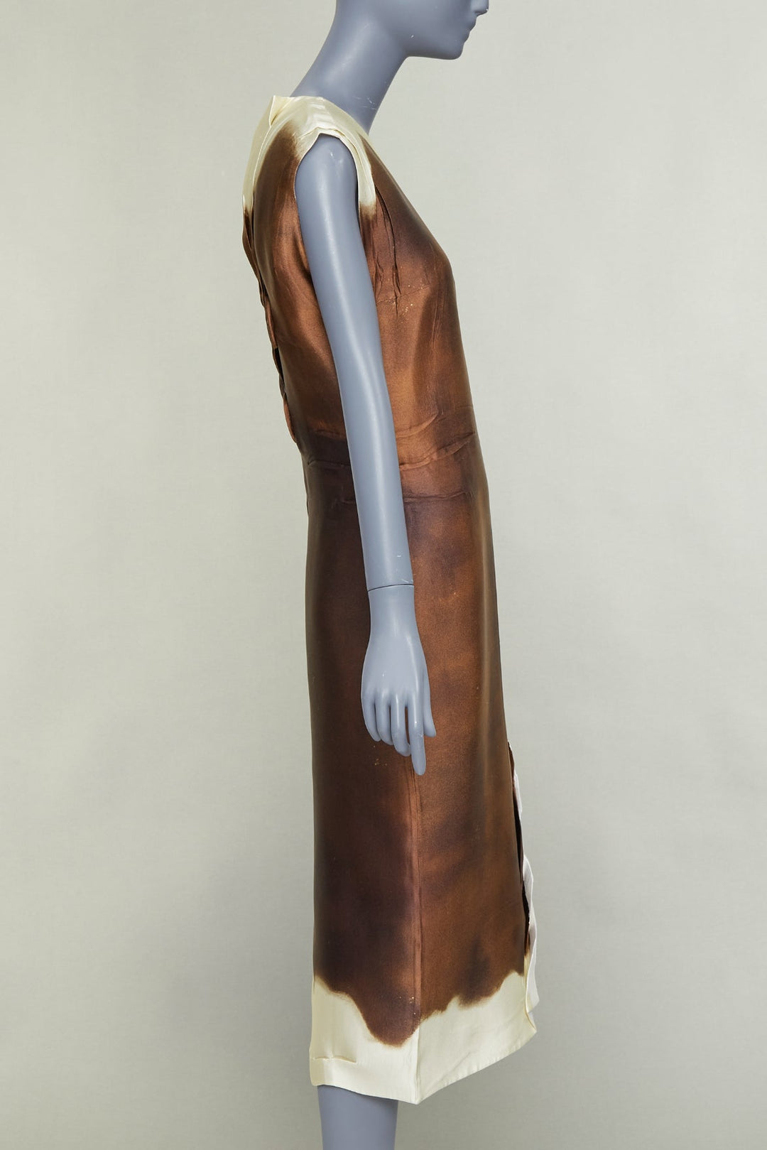 PRADA 2022 Runway brown cream silk blend tie dye trompe loeil slit dress IT38 XS