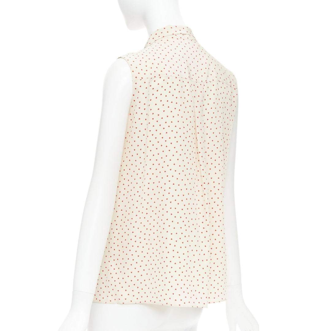 OLD CELINE Phoebe Philo cream red micro heart pussy bow neck tie blouse FR36 S