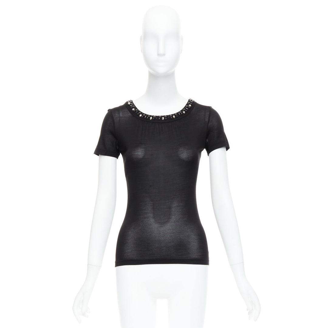 CHRISTIAN DIOR black 100% silk glass PVC beaded collar tshirt FR36 S