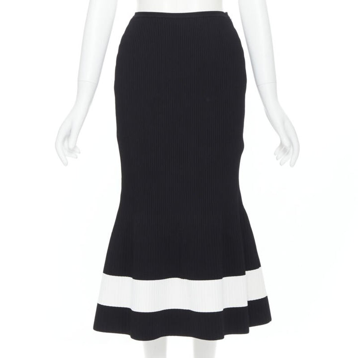 VICTORIA BECKHAM black white colorblocked ribbed fit flare midi skirt XS