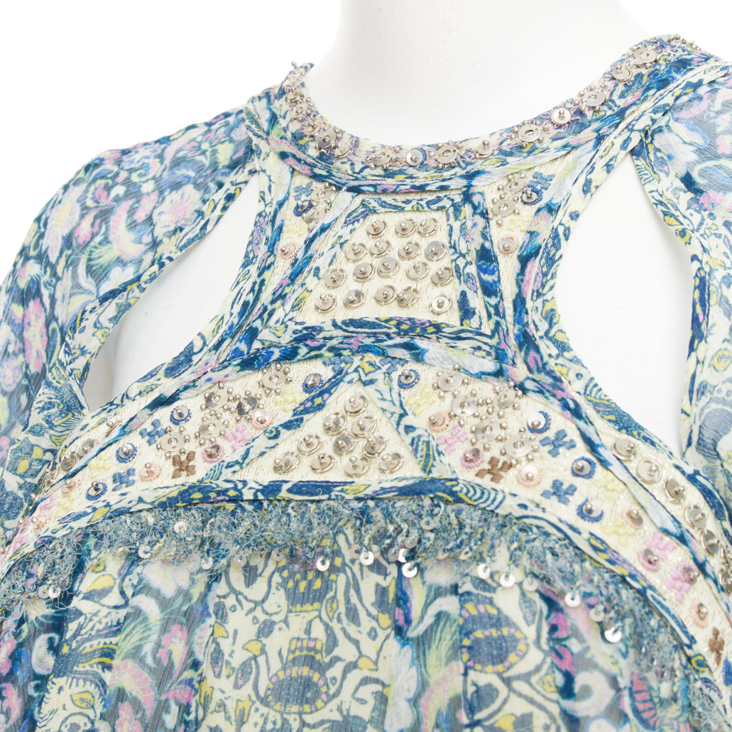 ISABEL MARANT 2023 Runway Odile cutout bead floral print silk dress FR36 S