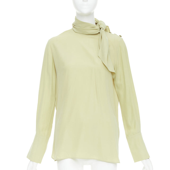 JOSEPH Geoff pea green silk toile tie neck buttons long sleeve blouse FR36 S