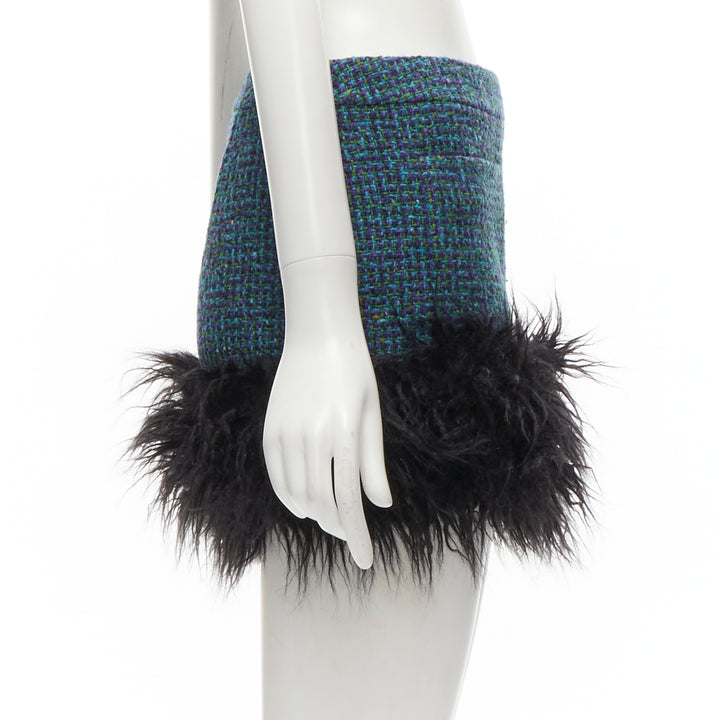 SAINT LAURENT 2022 blue tweed faux fur trim mini skirt FR38 M