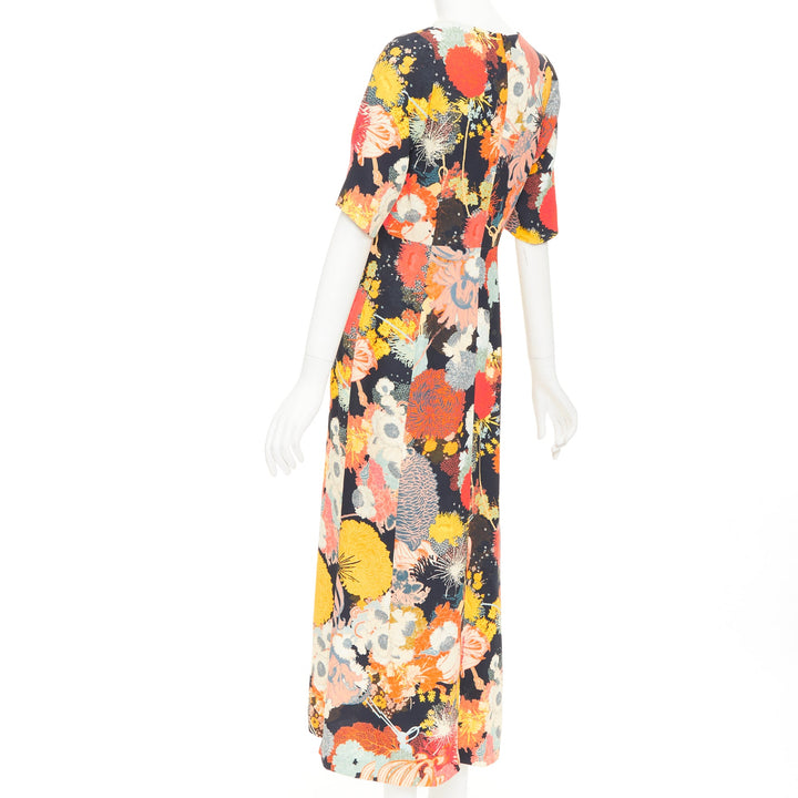 DRIES VAN NOTEN 2017 Runway orange yellow black floral Vneck midi dress FR36 S