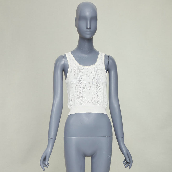 CELINE 2022 Triomphe Logo off white cotton pointelle knit cropped tank top S