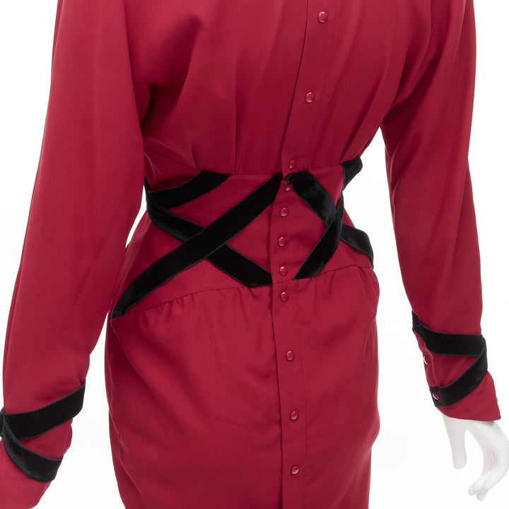THIERRY MUGLER Vintage black velvet crisscross corset red cocktail dress IT7AR S