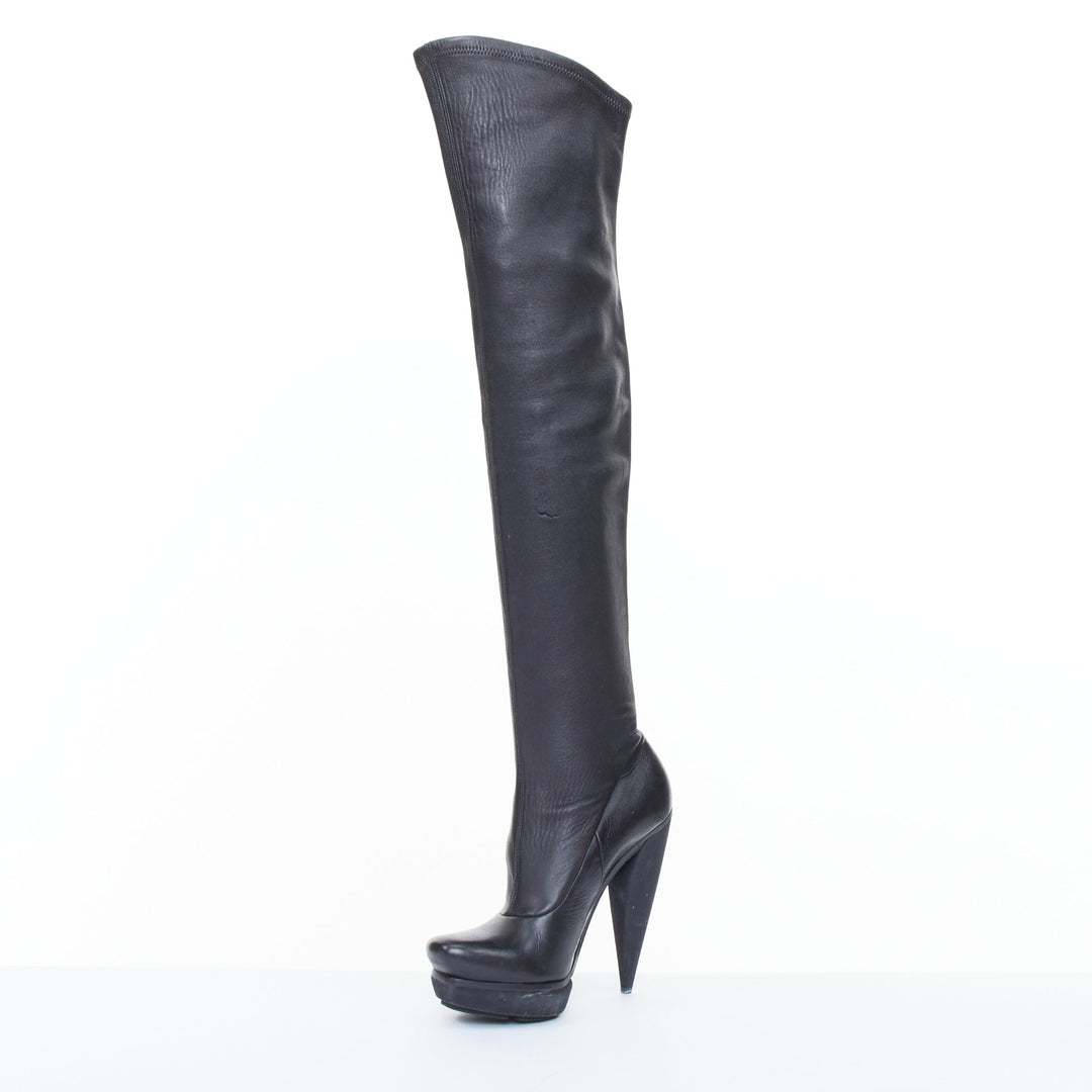 BALENCIAGA 2008 Runway smooth black leather horn cone heel platform boots EU37.5