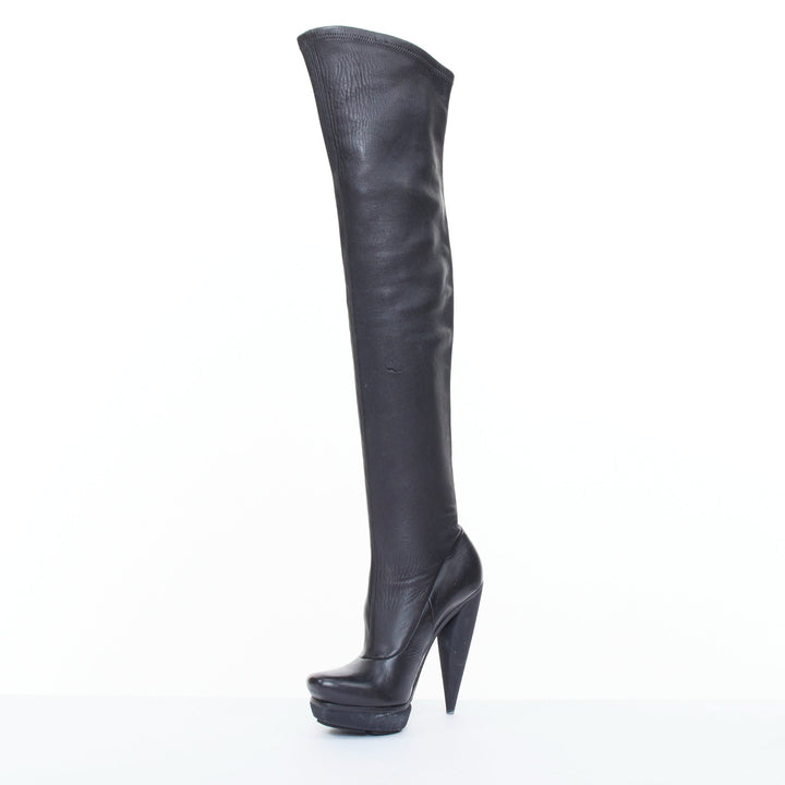 BALENCIAGA 2008 Runway smooth black leather horn cone heel platform boots EU37.5