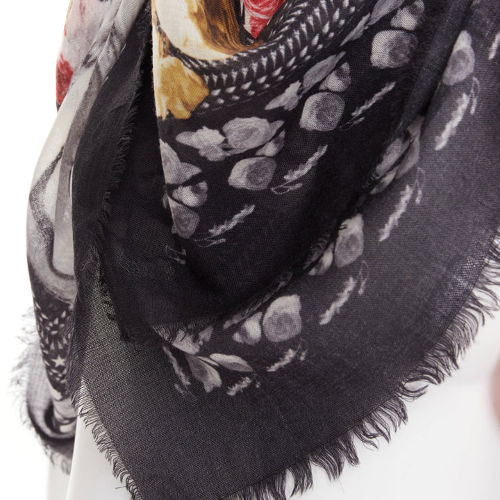 GIVENCHY Riccardo Tisci black red cream wool rose print fringed trim scarf