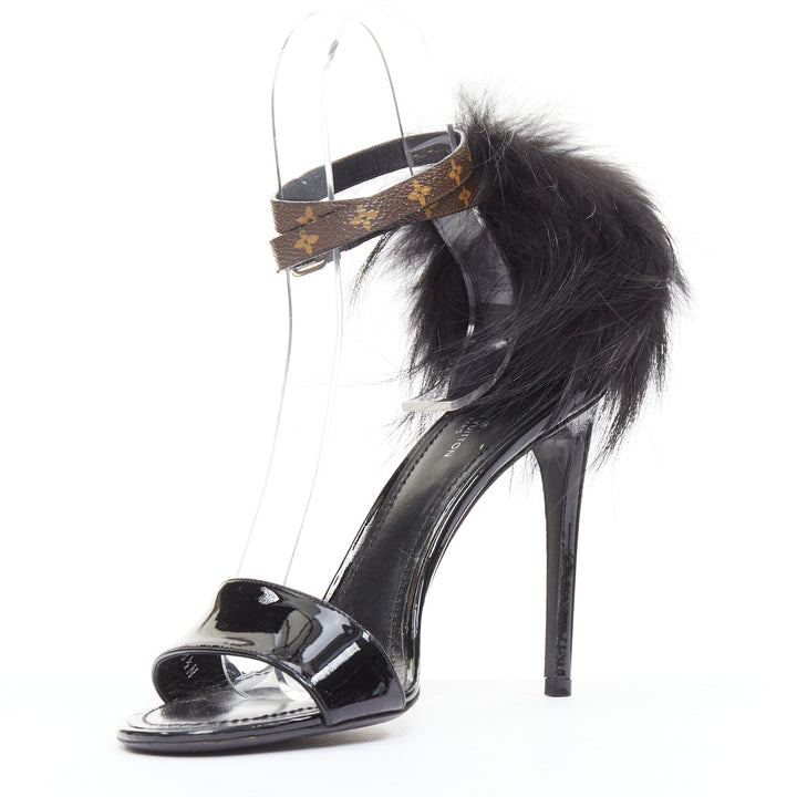rare LOUIS VUITTON Call Back black patent fur trim LV ankle strap heels EU38.5