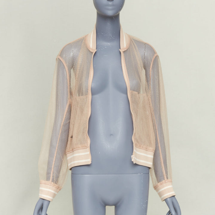 DIOR 2020 beige metallic mesh overlay sheer striped ribbed CD bomber jacket