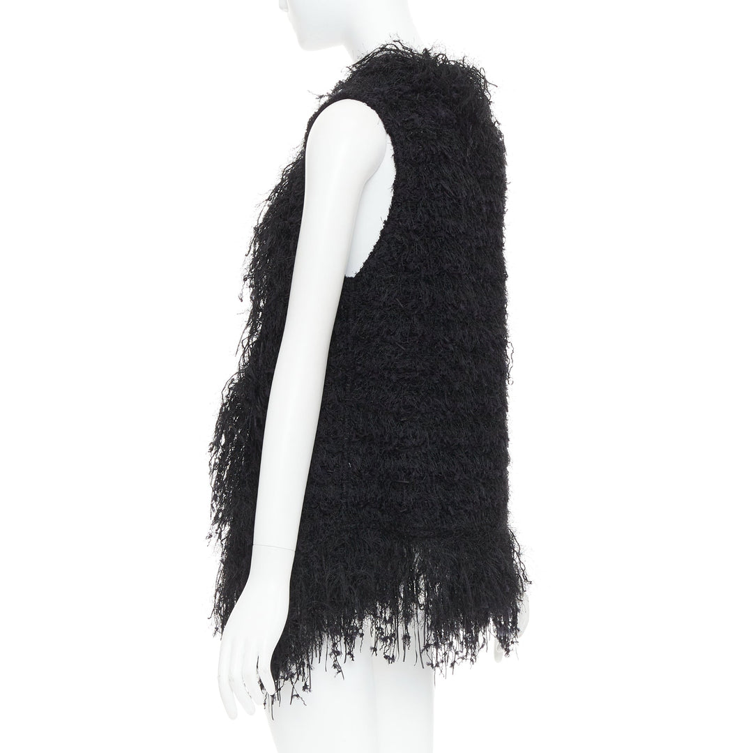 BALMAIN black fringe tweed gold varsity buttons drape front vest FR36 S