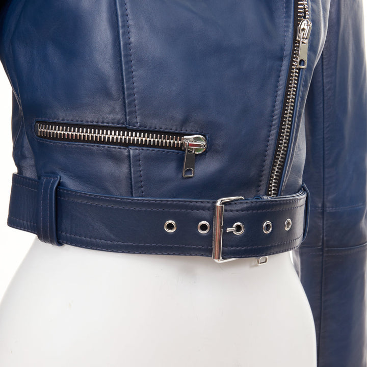 ALEXANDER MCQUEEN Asymmetric blue leather belted cropped biker outerwear IT40 S