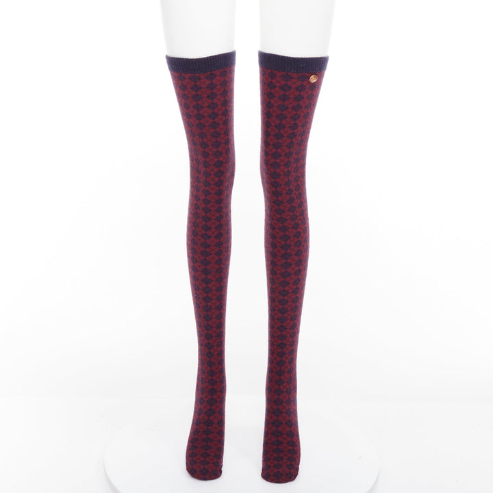 CHANEL red navy wool CC logo button checked wool thigh high socks M