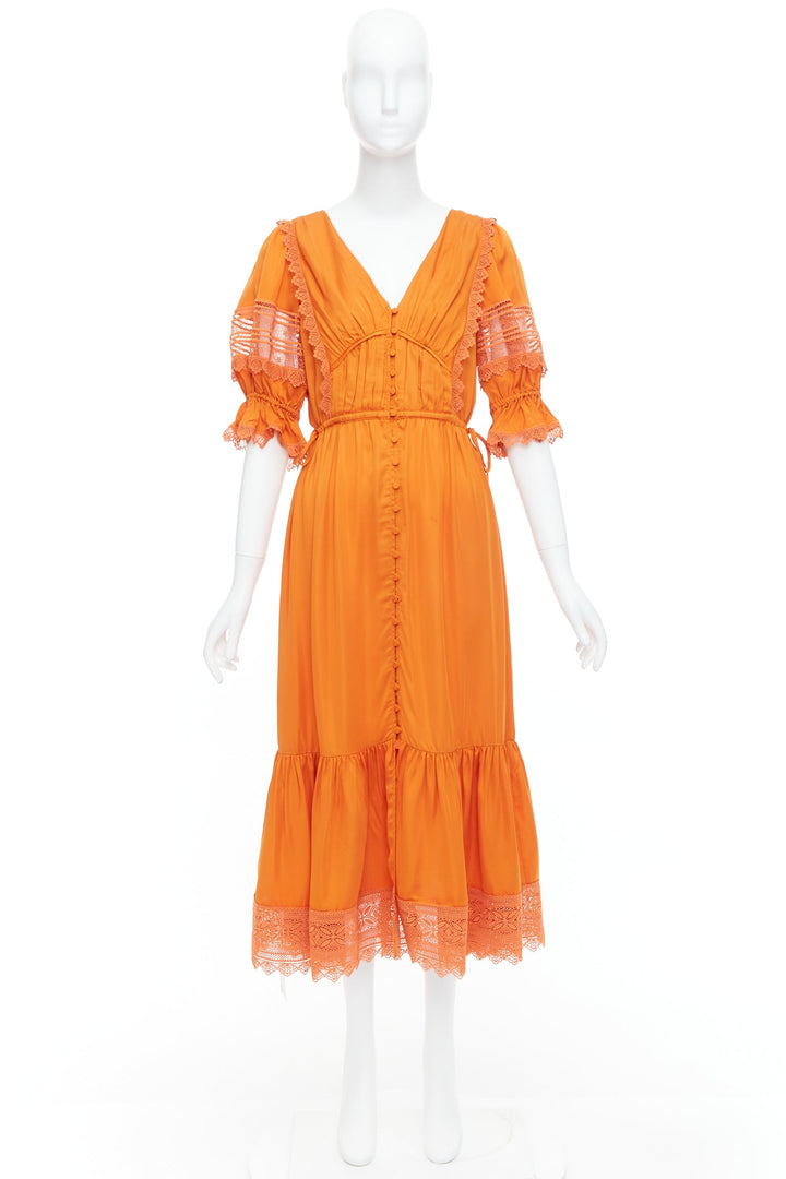 SELF PORTRAIT burnt orange lace trim satin twill ruffle midi dress UK8 S