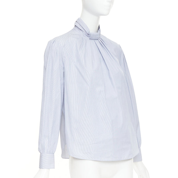 CELINE blue white pinstripe cotton high ruched collar puff sleeves blouse FR36 S