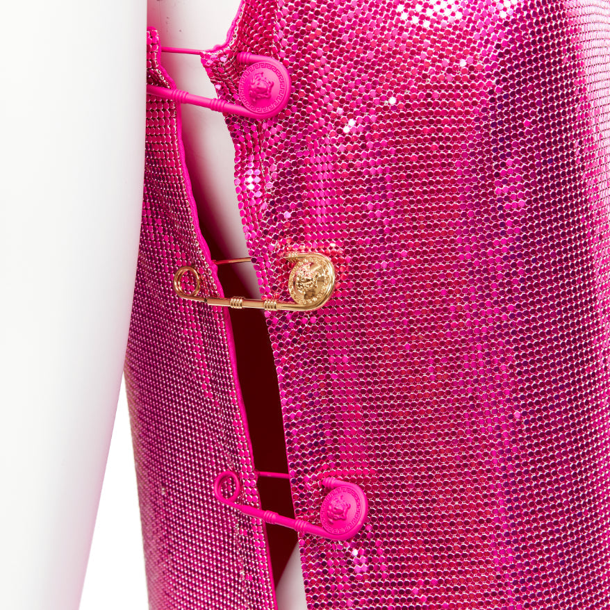 rare VERSACE 2022 Runway pink metal chainmail Medusa safety pin dress IT38 XS