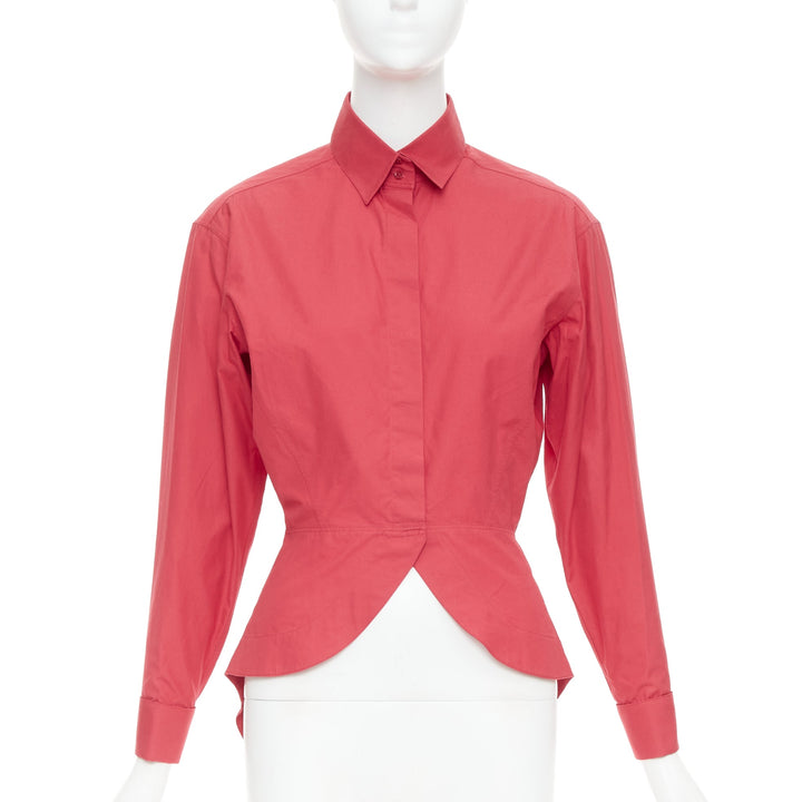 ALAIA red cotton curved tulip petal peplum  puff sleeves shirt FR36 S