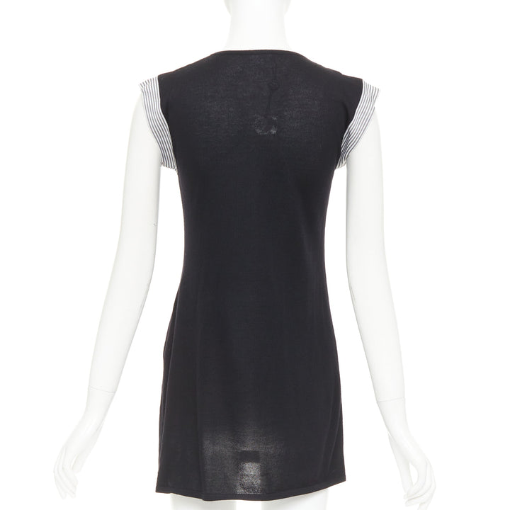 CHANEL 07P Runway black cashmere silk off white bow metal chain dress FR38 M