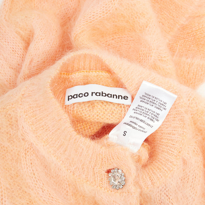 PACO RABANNE coral orange mohair crystal flower puff sleeved cropped pullover S